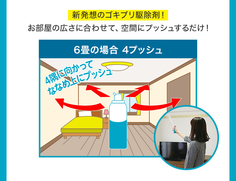 新発想のゴキブリ駆除剤! お部屋の広さに合わせて、 空間にプッシュするだけ!