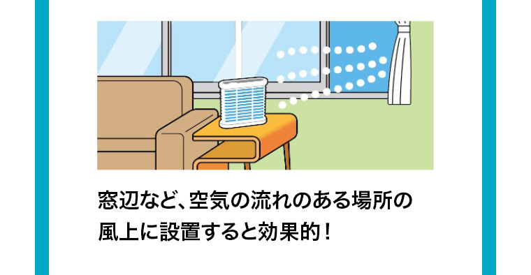 窓辺など、 空気の流れのある場所の風上に設置すると効果的!