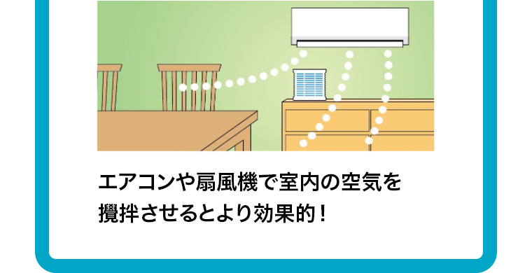 エアコンや扇風機で室内の空気を攪拌させるとより効果的!