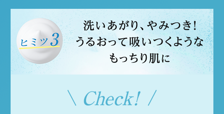 ヒミツ３　洗いあがり、やみつき！うるおって吸いつくようなもっちり肌に