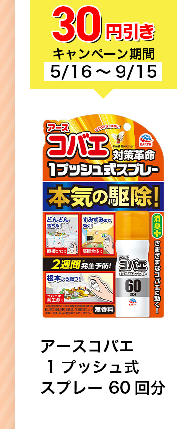 30円引きキャンペーン期間5/16~9/15 アースコバエ 1プッシュ式 スプレー 60回分