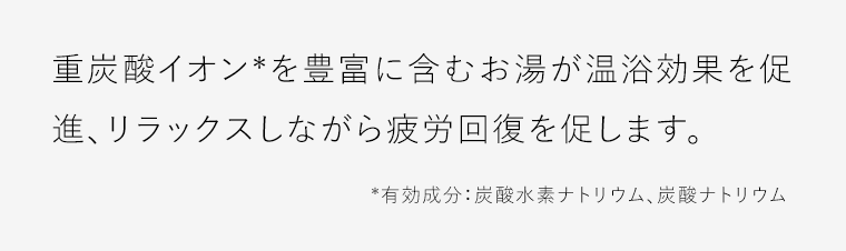 重炭酸イオン*を豊富に含むお湯が温浴効果を促進、リラックスしながら疲労回復を促します。*有効成分：炭酸水素ナトリウム、炭酸ナトリウム