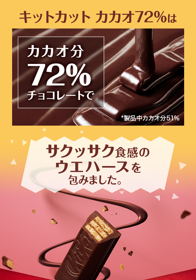 キットカット カカオ72% はカカオ分72%チョコレートでサクサク食感のウエハースを包みました。