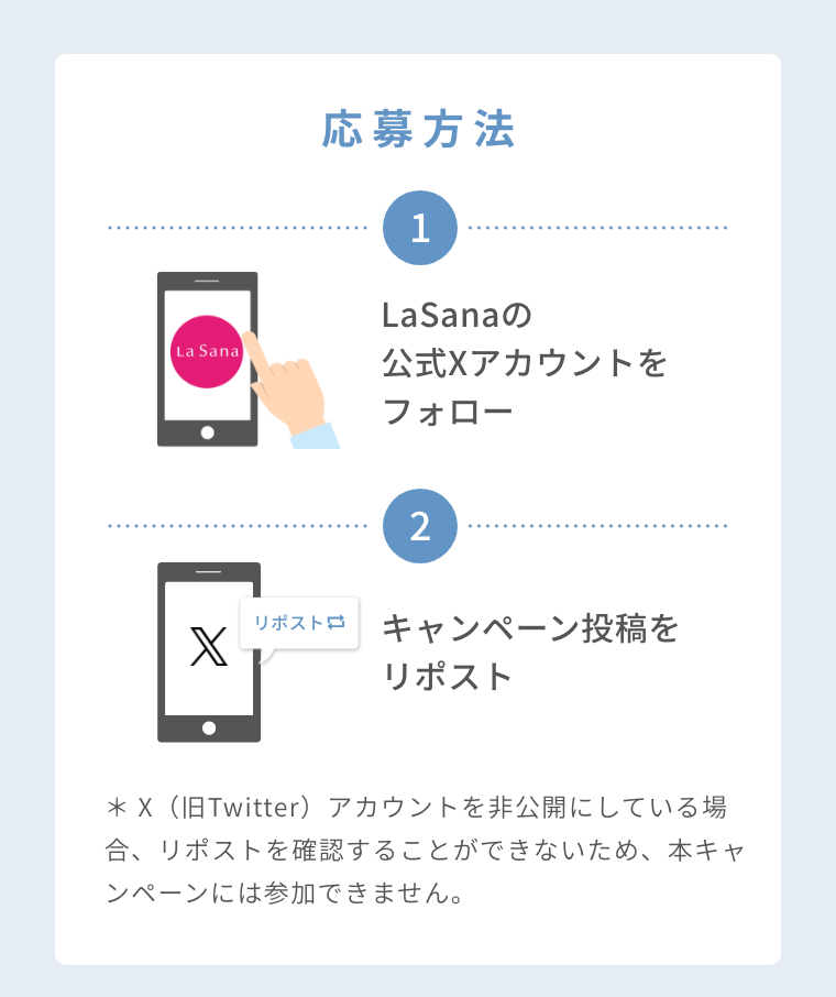 応募方法  1 LaSanaの公式Xアカウントをフォロー  2 キャンペーン投稿をリポスト  ＊ X（旧Twitter）アカウントを非公開にしている場合、リポストを確認することができないため、本キャンペーンには参加できません。