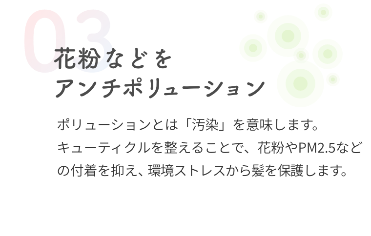 03  花粉などをアンチポリューション  ポリューションとは「汚染」を意味します。キューティクルを整えることで、花粉やPM2.5などの付着を抑え、環境ストレスから髪を保護します。