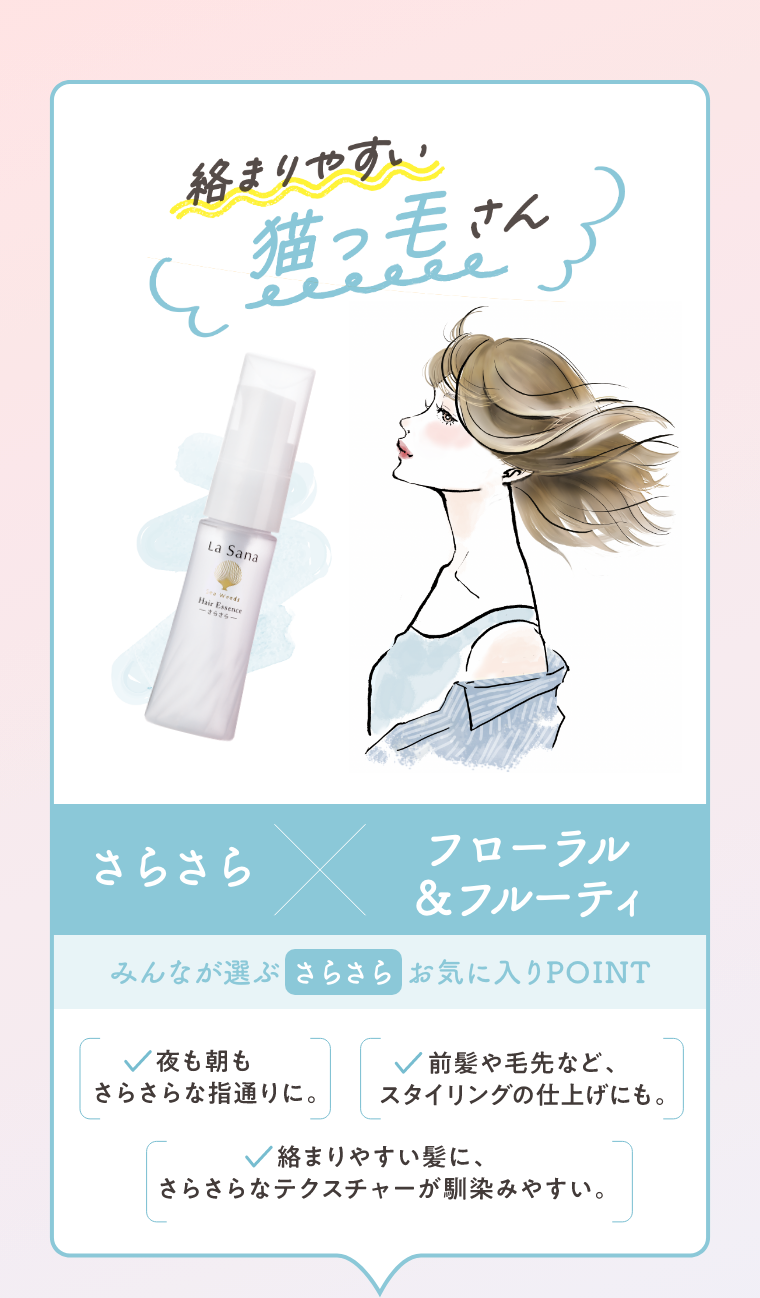 絡まりやすい猫っ毛さん  さらさら × フローラル＆フルーティ  みんなが選ぶ さらさら お気に入りPOINT  ・夜も朝もさらさらな指通りに。  ・前髪や毛先など、スタイリングの仕上げにも。  ・絡まりやすい髪に、さらさらなテクスチャーが馴染みやすい。