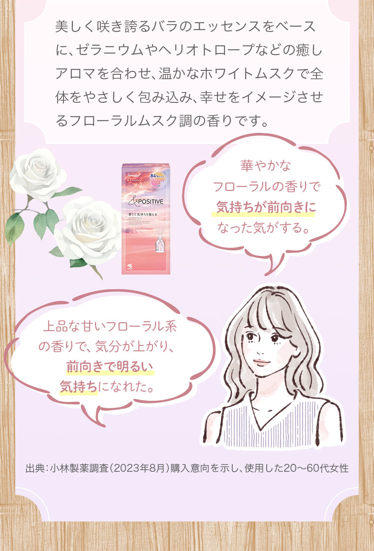 美しく咲き誇るバラのエッセンスをベースに、ゼラニウムやヘリオトロープなどの癒しアロマを合わせ、温かなホワイトムスクで全体をやさしく包み込み、幸せをイメージさせるフローラルムスク調の香りです。