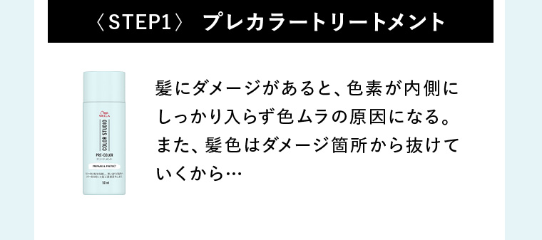 〈STEP1〉プレカラートリートメント 髪にダメージがあると、色素が内側にしっかり入らず色ムラの原因になる。また、髪色はダメージ箇所から抜けていくから…