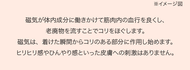磁気が体内成分に働きかけて筋肉内の血行を良くし、 老廃物を流すことでコリをほぐします。 磁気は、着けた瞬間からコリのある部分に作用し始めます。 ヒリヒリ感やひんやり感といった皮膚への刺激はありません。