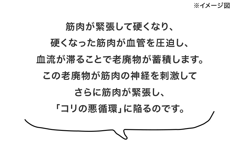 硬くなった筋肉が血管を圧迫し、血流が滞ることで老廃物が蓄積します。この老廃物が筋肉の神経を刺激してさらに筋肉が緊張し、「コリの悪循環」に陥るのです。