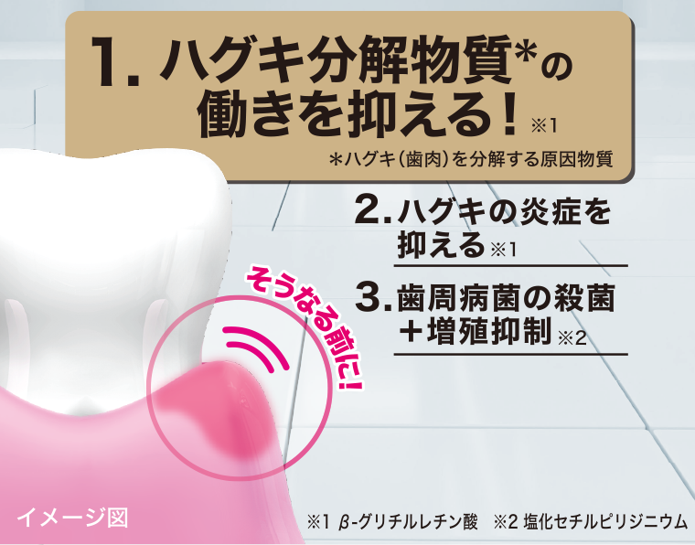 1．ハグキ分解物質の働きを抑える！　2．ハグキの炎症を抑える　3．歯周病菌の殺菌＋増殖抑制