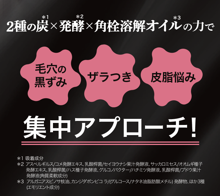 ２種の炭×発酵×角栓溶解オイルの力で集中アプローチ！