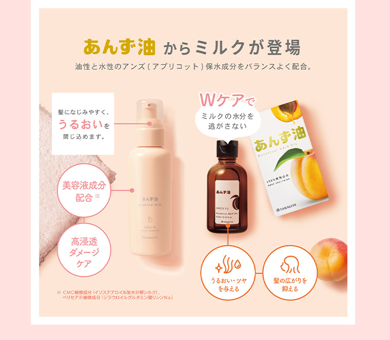 あんず油からミルクが登場 油性と水性のアンズ(アプリコット) 保水成分をバランスよく配合。