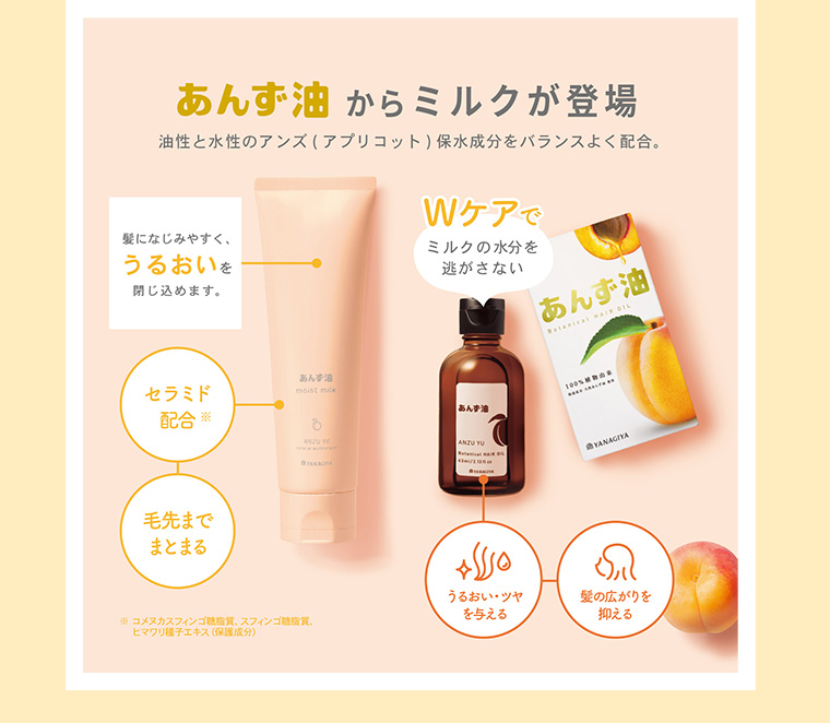 あんず油からミルクが登場 油性と水性のアンズ (アプリコット) 保水成分をバランスよく配合。