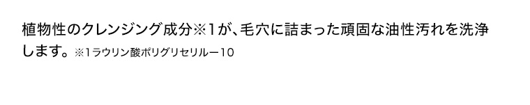 植物性のクレンジング成分※1が、毛穴に詰まった頑固な油性汚れを洗浄します。 ※1 ラウリン酸ポリグリセリル-10