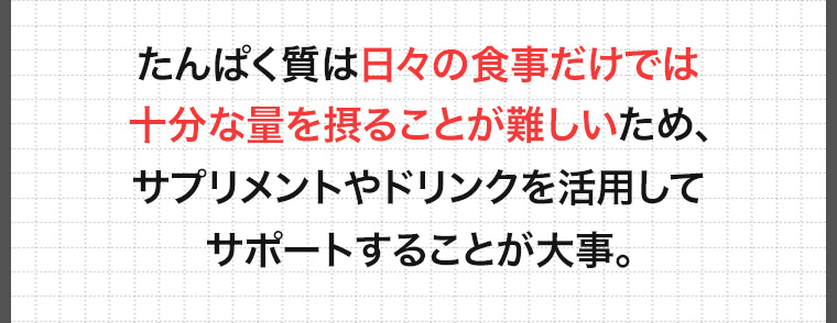 たんぱく質は日々の食事だけでは十分な量を摂ることが難しいため、サプリメントやドリンクを活用してサポートすることが大事。