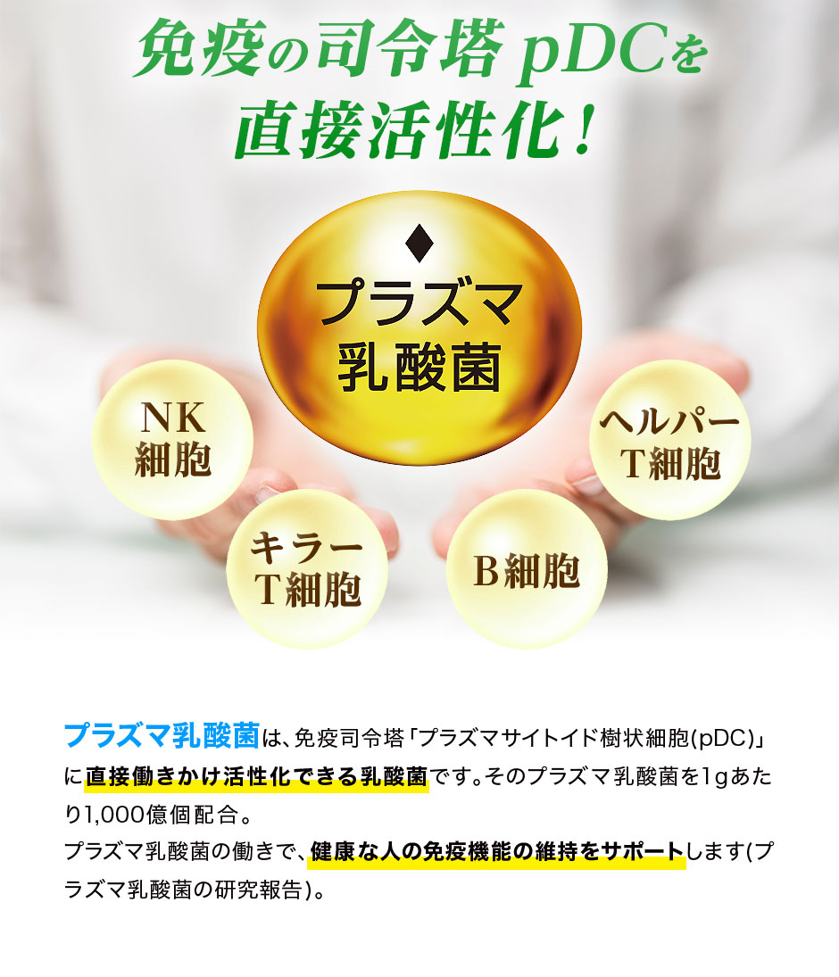 プラズマ乳酸菌は、免疫司令塔「プラズマサイトイド樹状細胞(pDC)」に直接働きかけ活性化できる乳酸菌です。