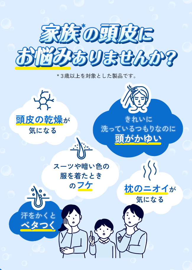 家族の頭皮にお悩みありませんか？*３歳以上を対象とした製品です。|頭皮の乾燥が気になる|きれいに洗っているつもりなのに頭がかゆい|スーツや暗い色の服を着たときのフケ|枕のニオイが気になる|汗をかくとベタつく