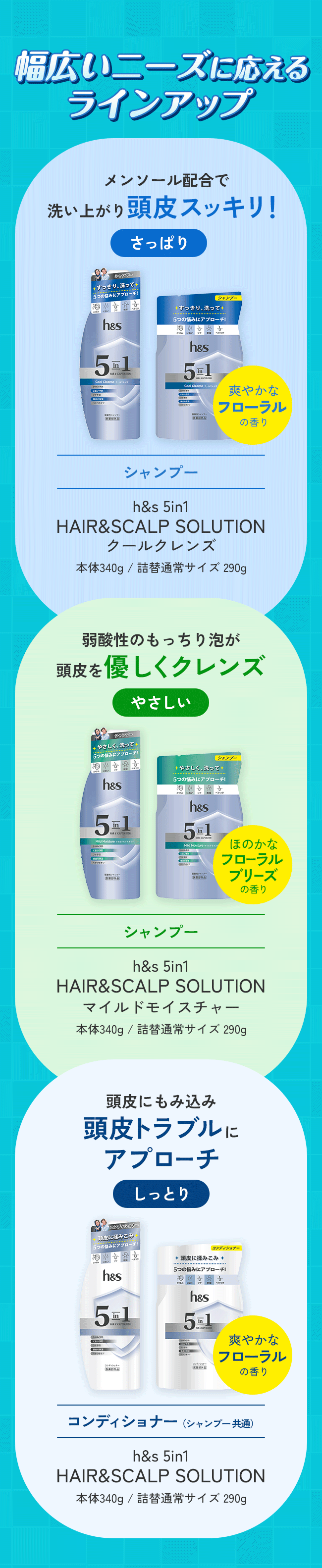 幅広いニーズに応えるラインアップ|h&s 5in1HAIR&SCALP SOLUTIONクールクレンズ|h&s 5in1HAIR&SCALP SOLUTIONマイルドモイスチャー|h&s 5in1HAIR&SCALP SOLUTION