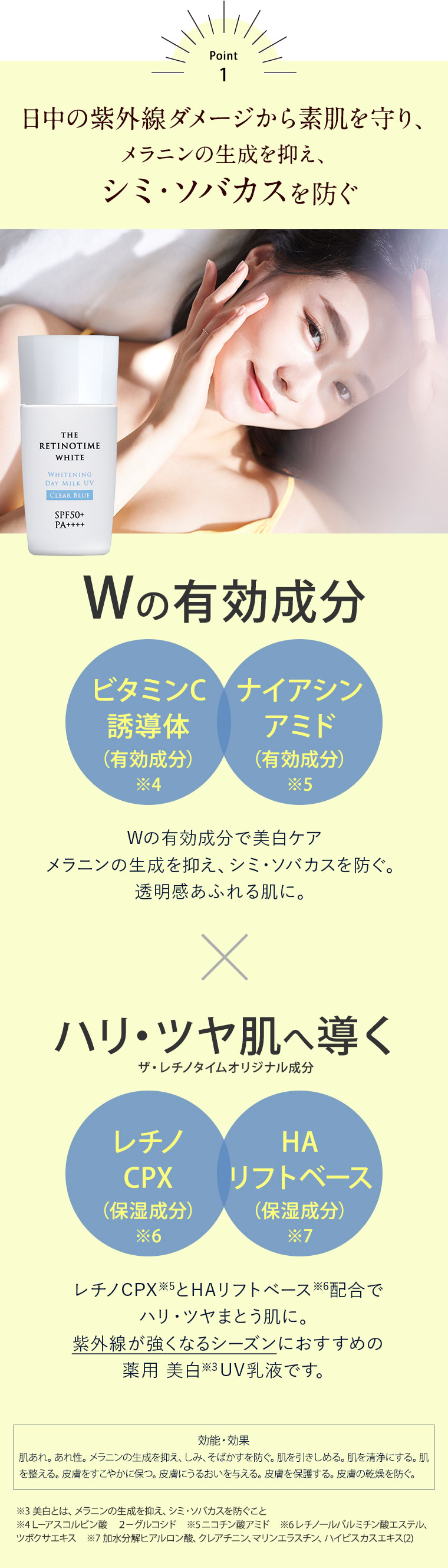 【ポイント1】日中の紫外線ダメージから素肌を守り、 メラニンの生成を抑え、 シミ・ソバカスを防ぐ