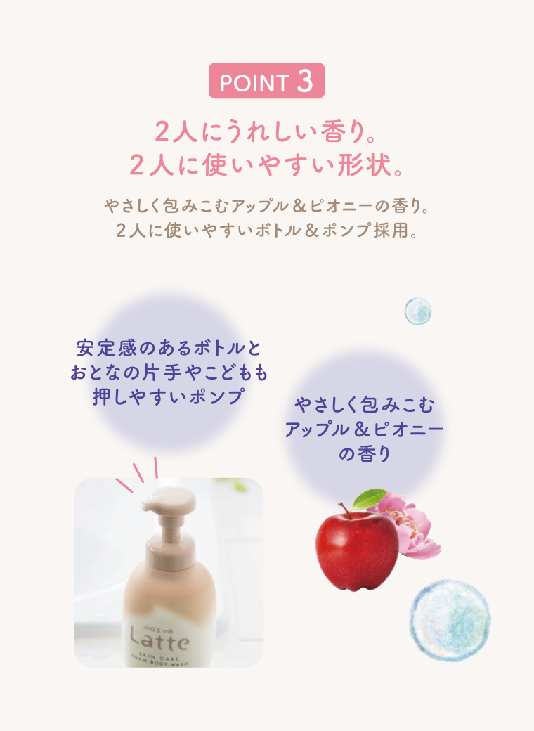 POINT 3　2人にうれしい香り。2人に使いやすい形状。