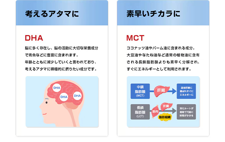 考えるアタマに DHA 脳に多く存在し、脳の活動に大切な栄養成分で青魚などに豊富に含まれます。 年齢とともに減少していくと言われており、考えるアタマに積極的に摂りたい成分です。 素早いチカラに MCT ココナッツ油やパーム油に含まれる成分。 大豆油やなたね油など通常の植物油に含有される長鎖脂肪酸よりも素早く分解され、すぐにエネルギーとして利用されます。