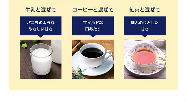 牛乳と混ぜてバニラのようなやさしい甘さ コーヒーと混ぜてマイルドな口あたり 紅茶と混ぜてほんのりとした甘さ