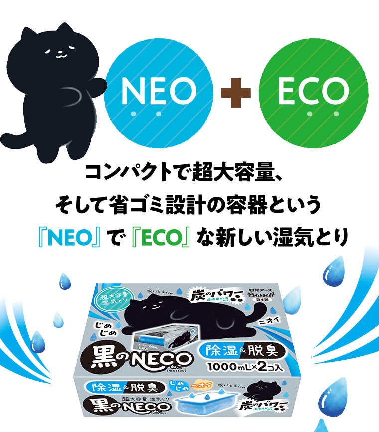 コンパクトで超大容量、そして省ゴミ設計の容器という『NEO』 で 『ECO』 な新しい湿気とり