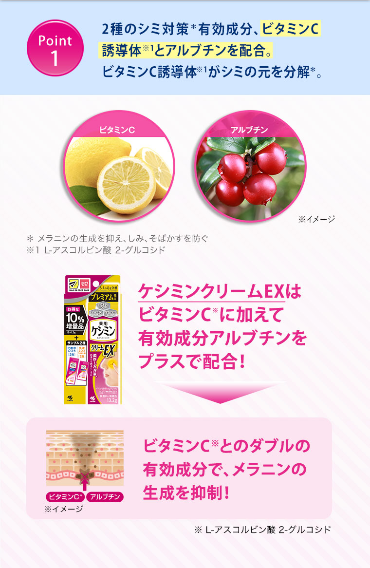 Point1 2種のシミ対策＊有効成分、ビタミンC誘導体※1とアルブチンを配合。ビタミンC誘導体※1がシミの元を分解＊。