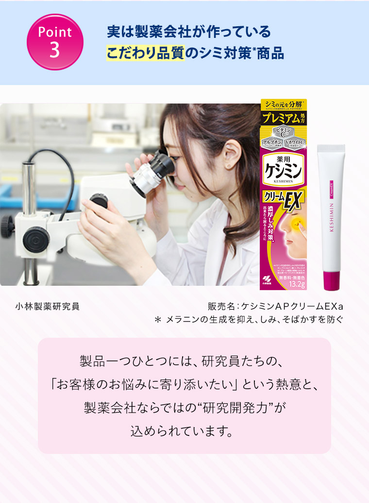 Point3 実は製薬会社が作っているこだわり品質のシミ対策*商品