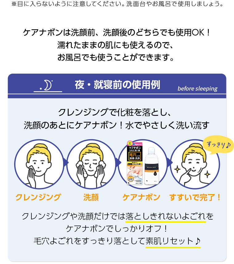 ※目に入らないように注意してください。洗面台やお風呂で使用しましょう。夜・就寝前　クレンジングで化粧を落とし、洗顔のあとにケアナボン！水でやさしく洗い流す