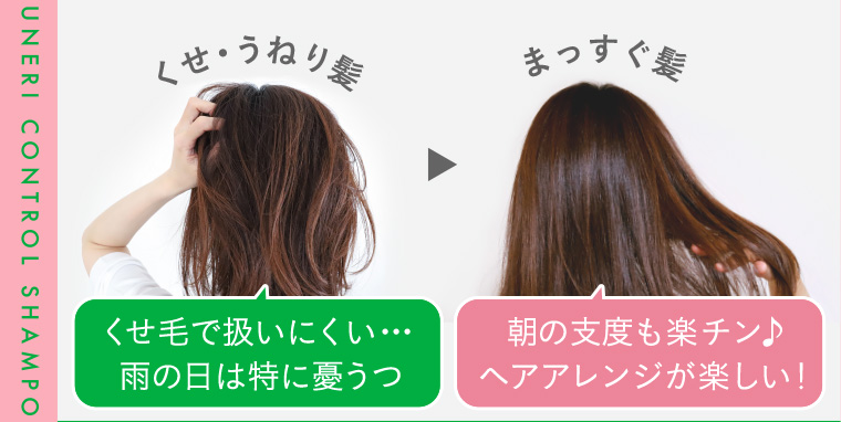 くせ・うねり髪 くせ毛で扱いにくい・・・雨の日は特に憂うつ まっすぐ髪 朝の支度も楽チン♪ ヘアアレンジが楽しい!