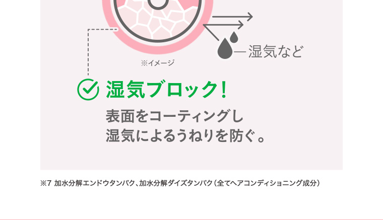 湿気ブロック! 表面をコーティングし湿気など湿気によるうねりを防ぐ。 ※7 加水分解エンドウタンパク、加水分解大豆タンパク (全てヘアコンディショニング成分)