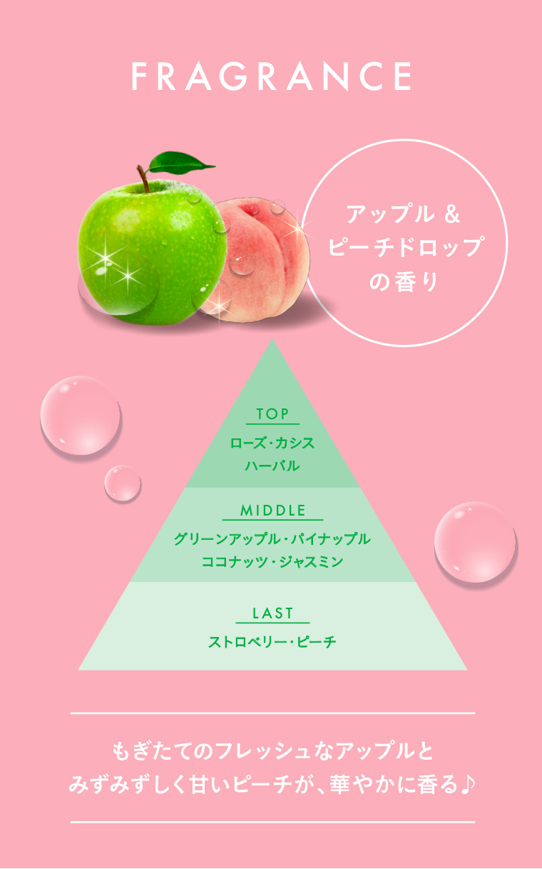 アップル&ピーチドロップの香り もぎたてのフレッシュなアップルとみずみずしく甘いピーチが、華やかに香る♪