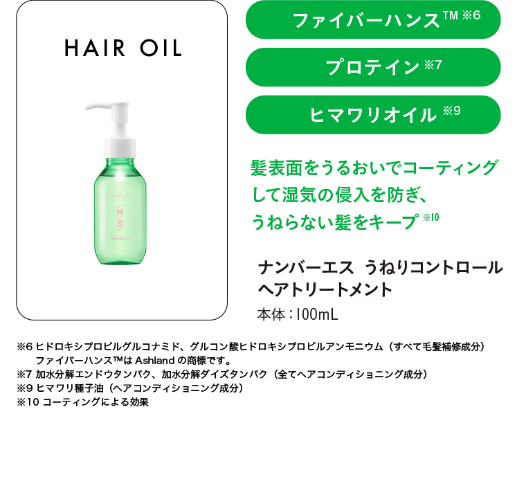 ファイバーハンス TM ※6 プロテイン ※7 ヒマワリオイル ※9 髪表面をのするんうるおいでコーティングして湿気の侵入を防ぎ、うねらない髪をキープ※10 ナンバーエス うねりコントロール ヘアトリートメント 本体 : 100mL ※6ヒドロキシプロピルグルコナミド、グルコン酸ヒドロキシプロピルアンモニウム (すべて毛髪補修成分) ファイバーハンスTMは Ashland の商標です。 ※7 加水分解エンドウタンパク、加水分解大豆タンパク (全てヘアコンディショニング成分) ※9 ヒマ(ヘアコンディショニング成分) ワリ種子油 ※10 コーティングによる効果