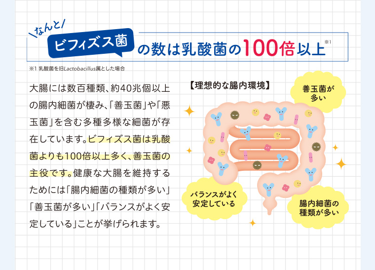 なんと!ビフィズス菌の数は乳酸菌の100倍以上 大腸には数百種類、 約40兆個以上 の腸内細菌が棲み、 「善玉菌」 や 「悪 「玉菌」を含む多種多様な細菌が存 在しています。ビフィズス菌は乳酸 菌よりも100倍以上多く、 善玉菌の 主役です。 健康な大腸を維持する ためには「腸内細菌の種類が多い」 「善玉菌が多い」 「バランスがよく安 定している」ことが挙げられます。