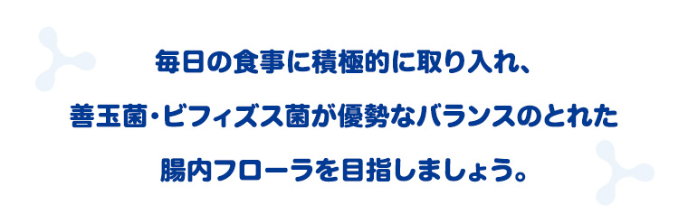 毎日の食事に積極的に取り入れ、善玉菌 ビフィズス菌が優勢なバランスのとれた腸内フローラを目指しましょう。