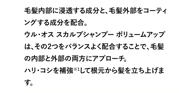 毛髪内部に浸透する成分と、毛髪外部をコーティングする成分を配合。 ウル・オス スカルプシャンプーボリュームアップは、その2つをバランスよく配合することで、毛髪の内部と外部の両方にアプローチ。 ハリ・コシを補強※1して根元から髪を立ち上げます。