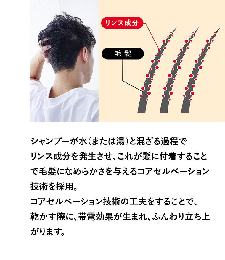 シャンプーが水(または湯) と混ざる過程でリンス成分を発生させ、 これが髪に付着することで毛髪になめらかさを与えるコアセルベーション技術を採用。 コアセルベーション技術の工夫をすることで、乾かす際に、帯電効果が生まれ、ふんわり立ち上がります。