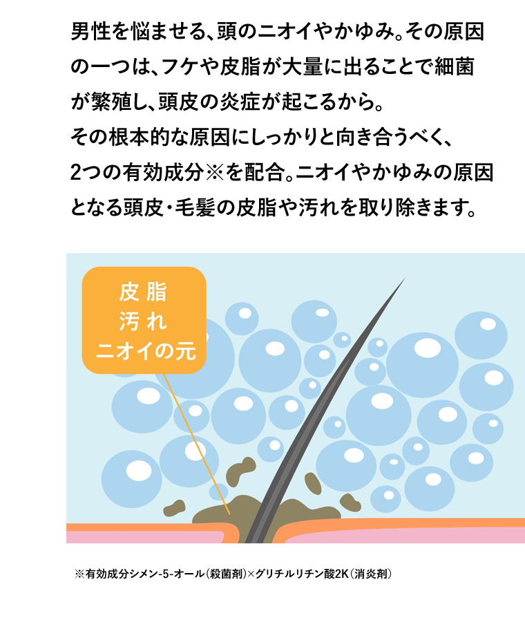 男性を悩ませる、頭のニオイやかゆみ。 その原因の一つは、フケや皮脂が大量に出ることで細菌が繁殖し、頭皮の炎症が起こるから。 その根的な原因にしっかりと向き合うべく、2つの有効成分を配合。 ニオイやかゆみの原因となる頭皮・毛髪の皮脂や汚れを取り除きます。 ※有効成分シメン-5-オール (殺菌剤)×グリチルリチン酸2K (消炎剤)