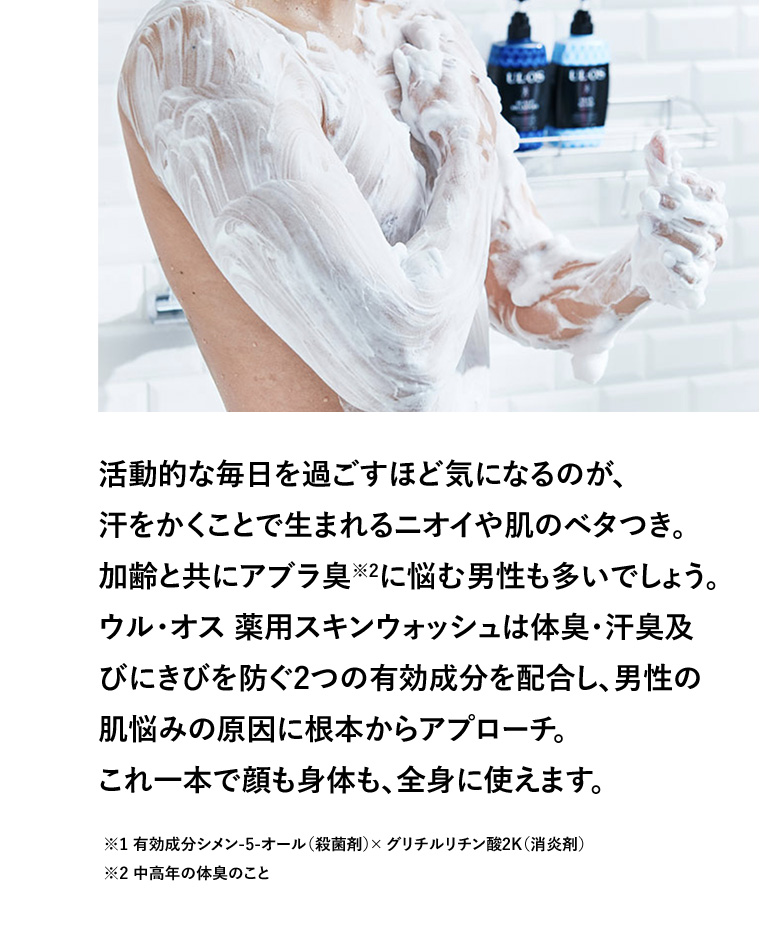 活動的な毎日を過ごすほど気になるのが、汗をかくことで生まれるニオイや肌のベタつき。 加齢と共にアブラ臭 ※2 に悩む男性も多いでしょう。 ウル・オス 薬用スキンウォッシュは体臭・汗臭及びにきびを防ぐ2つの有効成分を配合し、男性の肌悩みの原因に根本からアプローチ。 これ一本で顔も身体も、全身に使えます。 ※1  (殺菌剤)×グリチルリチン酸2K (消炎剤) -オール  ※2 中高年の体臭のこと