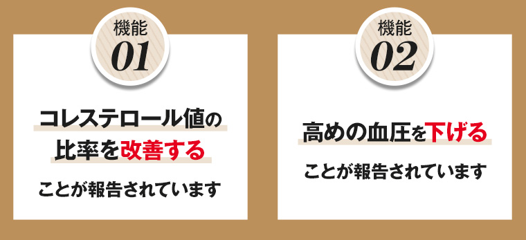 機能01 コレステロール値の比率を改善することが報告されています 機能02 高めの血圧を下げることが報告されています