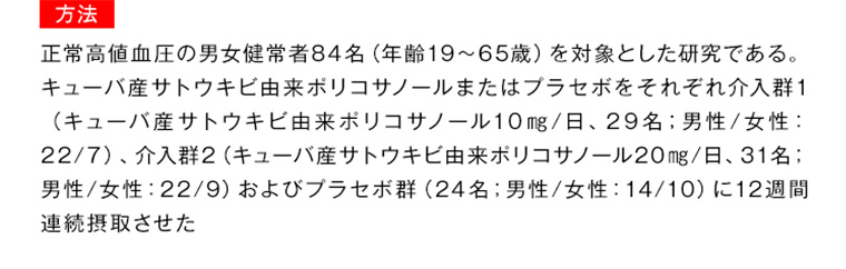 方法 正常高値血圧の男女健常者84名 (年齢19~65歳)を対象とした研究である。 キューバ産サトウキビ由来ポリコサノールまたはプラセボをそれぞれ介入群1 (キューバ産サトウキビ由来ポリコサノール10mg/日、29名;男性/女性: 22/7)、介入群2 (キューバ産サトウキビ由来ポリコサノール 20mg/日、31名:男性/女性 : 22/9) およびプラセボ群 (24名: 男性/女性: 14/10) に12週間連続摂取させた