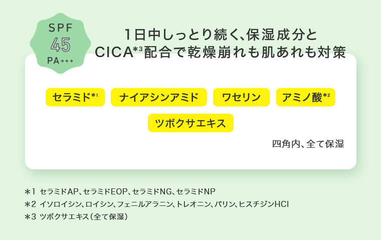 １日中しっとり続く、保湿成分とCICA配合で乾燥崩れも肌あれも対策