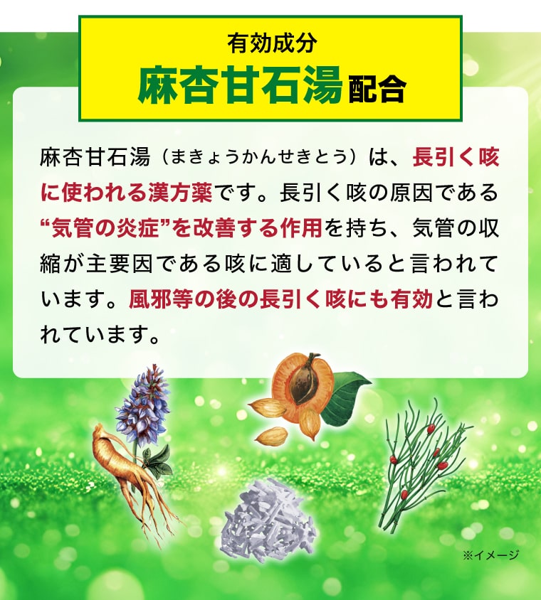 有効成分 麻杏甘石湯配合 麻杏甘石湯（まきょうかんせきとう）は、長引く咳に使われる漢方薬です。長引く咳の原因である“気管の炎症”を改善する作用を持ち、気管の収縮が主要因である咳に適していると言われています。風邪等の後の長引く咳にも有効と言われています。