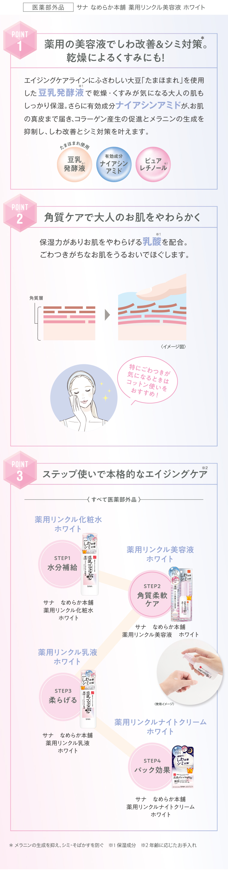 POINT1薬用の美容液でしわ改善&シミ対策。乾燥によるくすみにも!　エイジングケアラインにふさわしい大豆 「たまほまれ」 を使用した豆乳発酵液で乾燥・くすみが気になる大人の肌もしっかり保湿。さらに有効成分ナイアシンアミドが、お肌の真皮まで届き、コラーゲン産生の促進とメラニンの生成を抑制し、しわ改善とシミ対策を叶えます。　POINT2角質ケアで大人のお肌をやわらかく　保湿力がありお肌をやわらげる乳酸を配合。ごわつきがちなお肌をうるおいでほぐします。特にごわつきが気になるときはコットン使いをおすすめ!　POINT3ステップ使いで本格的なエイジングケア〈すべて医薬部外品〉薬用リンクル化粧水ホワイト　STEP1水分補給サナ 　薬用リンクル美容液ホワイトSTEP2角質 柔軟ケア STEP3柔らげる なめらか本舗薬用リンクル乳液ホワイト STEP4パック効果 なめらか本舗薬用リンクルナイトクリーム ホワイト