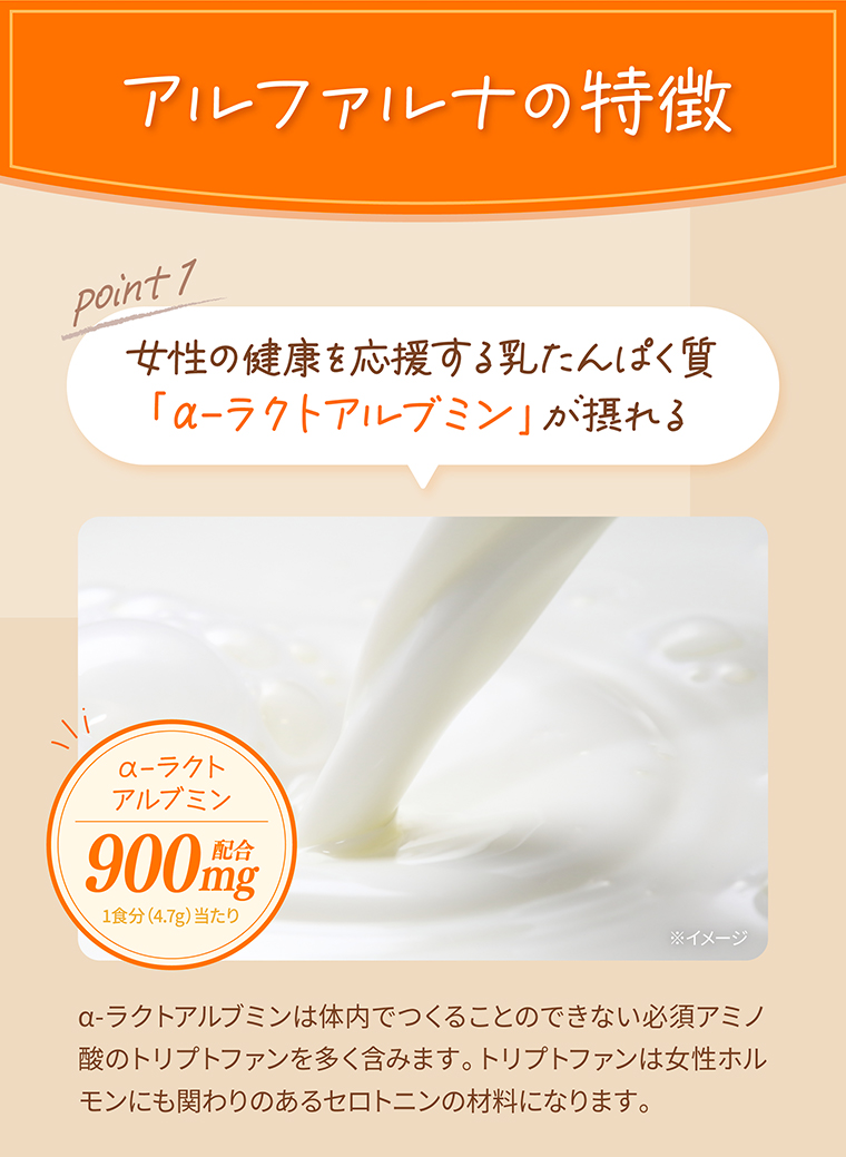 アルファルナの特徴 女性の健康を応援する乳たんぱく質「α-ラクトアルブミン」が摂れる
