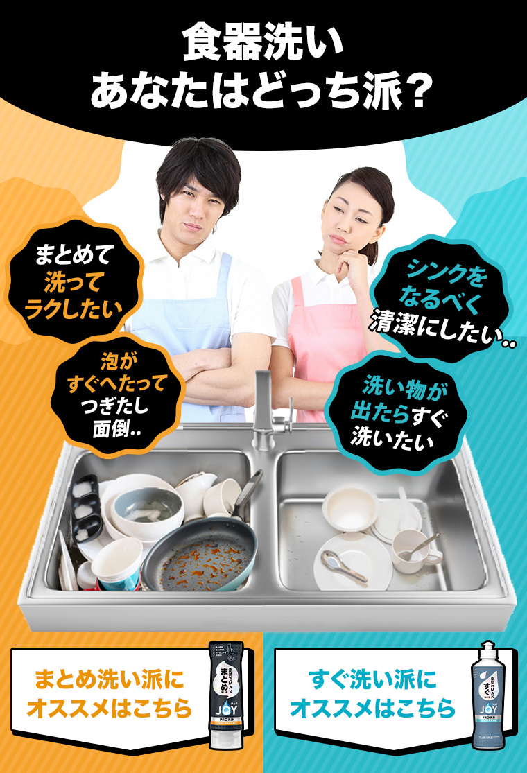 食器洗いあなたはどっち派? まとめて洗ってラクしたい泡がすぐへたってつぎたし面倒..まとめ洗い派に シンクをなるべく清潔にしたい...洗い物が出たらすぐ洗いたいすぐ洗い派にオススメはこちら