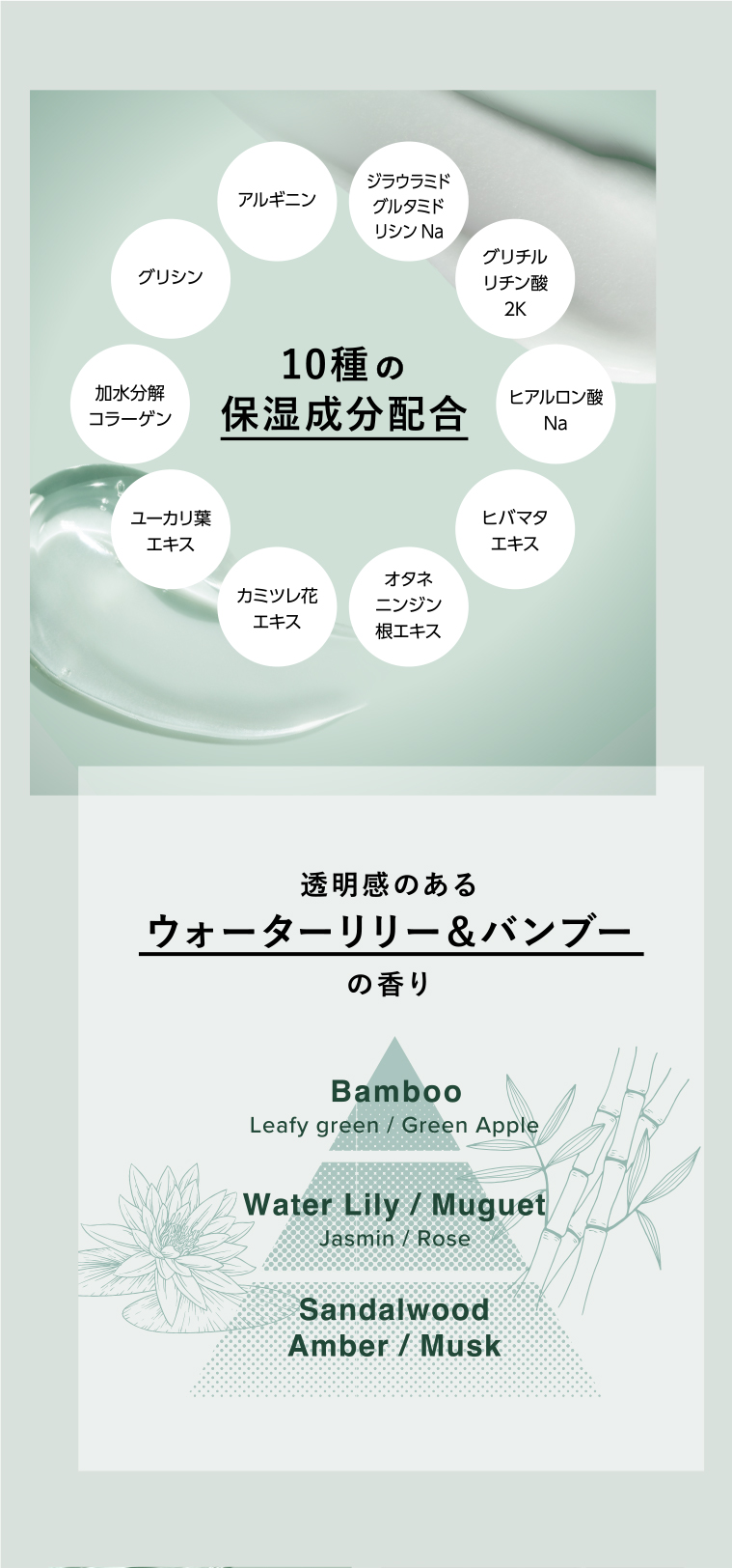 10種の保湿成分配合　透明感のあるウォーターリリー&バンブーの香り
                                        Bamboo Leafy green / Green Apple Water
                                        Lily / Muguet Jasmin / Rose
                                        Sandalwood Amber/Musk
