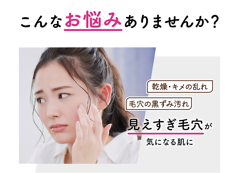 こんなお悩みありませんか? 乾燥・キメの乱れ 毛穴の黒ずみ汚れ 見えすぎ毛穴が気になる肌に